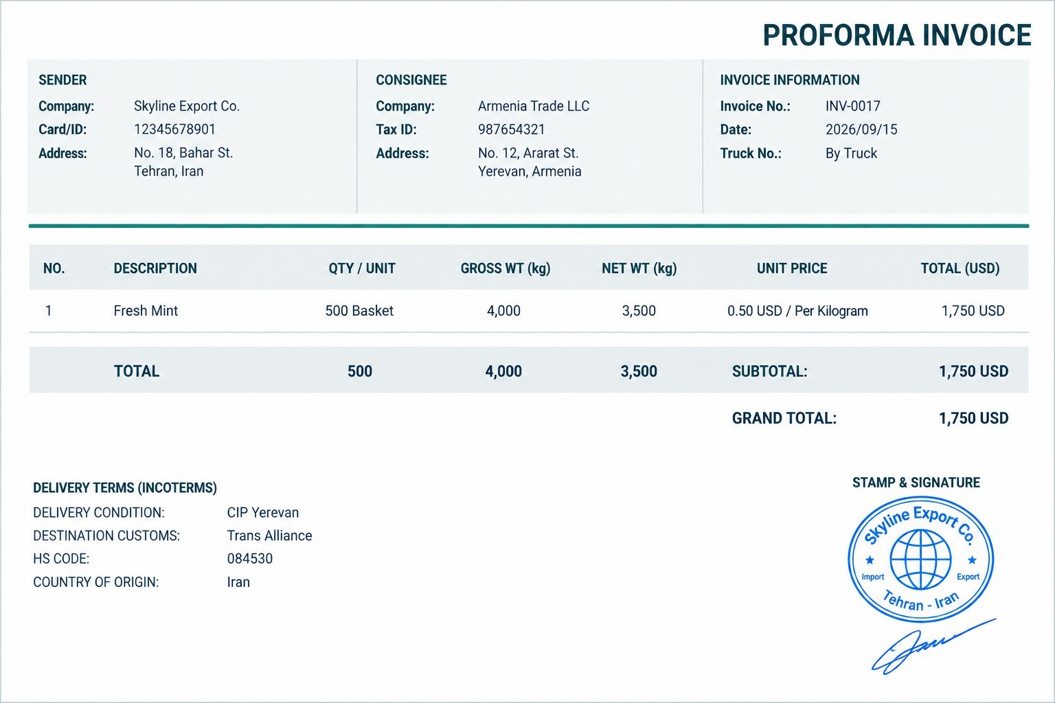 نمونه خروجی Proforma Invoice
